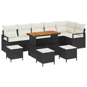 Canapé de jardin 10 pièces avec coussins noir poly rotin acacia