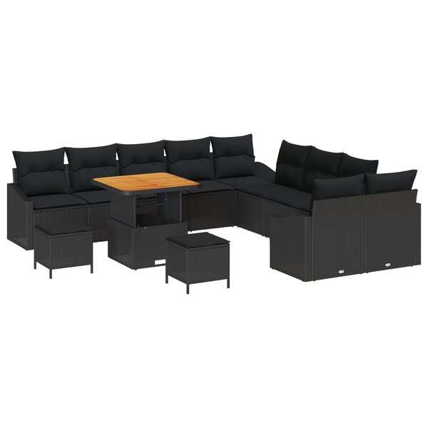 Ensemble de canapé de jardin 13 pièces avec coussins en poly rotin noir acacia