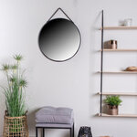 Miroir noir rond en acier avec sangle en cuir synthétique Ø 60 cm