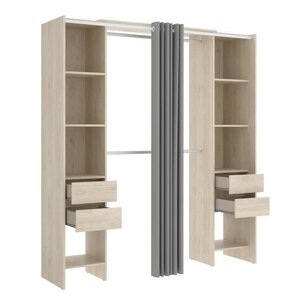 Dressing extensible avec rideau + 4 tiroirs - Décor chêne naturel 180-113 x 50 x Hauteur 205 cm