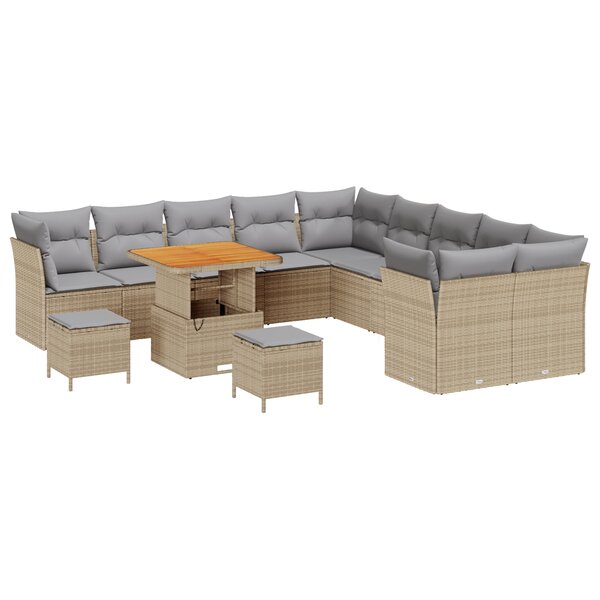 vidaXL Salon de Jardin de 13 Pièces avec Coussins Beige Rattan Poly Acacia