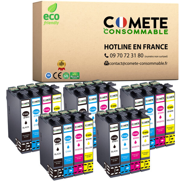 CARTOUCHE d'Encre 16XL - pack de 20 -Compatibles avec EPSON 16 XL Stylo Plume T1631 - pour Cartouche Epson WF 2510 Epson Workforce WF 2630 (5 Noirs 5 Cyan 5 Magenta 5 Jaunes)-COMETE  Marque française
