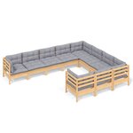 vidaXL Salon de jardin 10 Pièces avec coussins gris Bois de pin