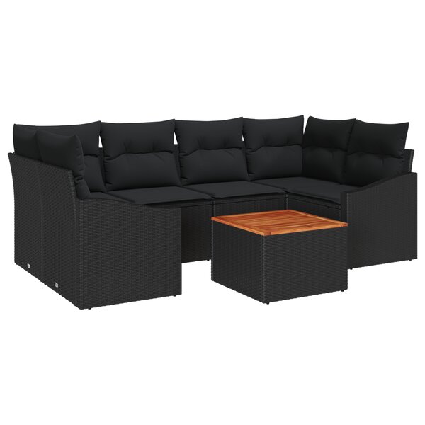 vidaXL Canapé de jardin 7 pièces avec coussins en poly rattan noir d'acacia