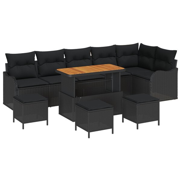 Ensemble de 10 Pièces de Canapés de Jardin avec Coussins Noir Poly Rattan Acacia