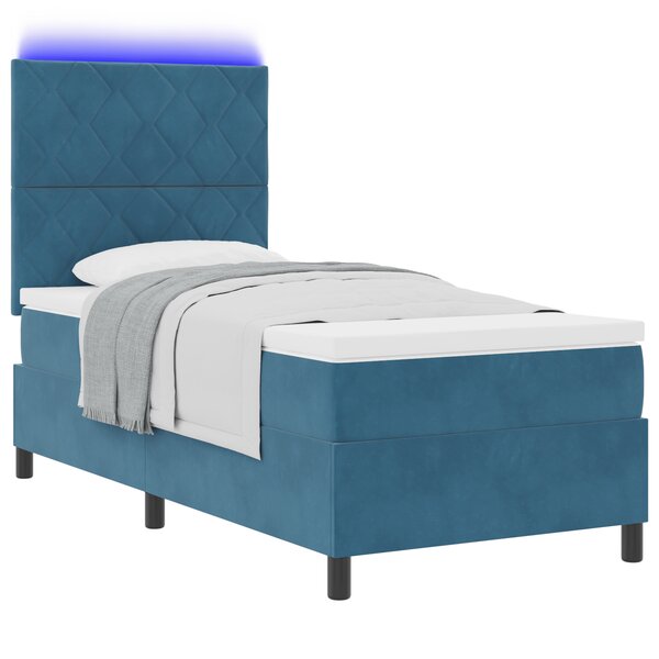 Lit Box Spring vidaXL avec Matelas & LED Bleu Foncé 90x190 cm Velours
