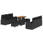 Ensemble de Canapé de Jardin 9 Pièces avec Coussins Noir Poly Rattan Acacia