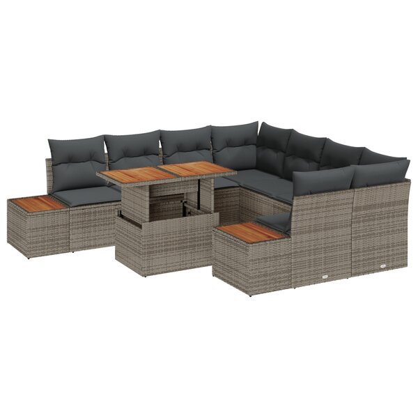 vidaXL Ensemble de salle à manger de jardin de 9 pièces avec coussins en poly rotin gris et acacia