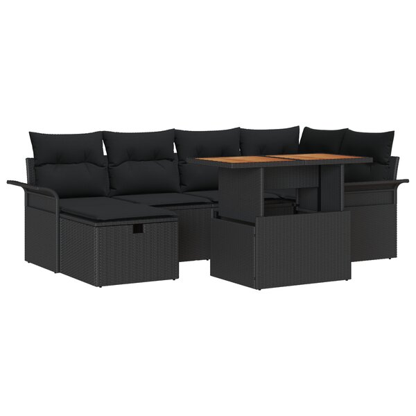 Ensemble de canapé de jardin 7 pièces avec coussins noir poly rattan