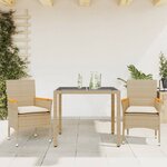 vidaXL Ensemble à manger de jardin et coussins 3 Pièces beige rotin verre