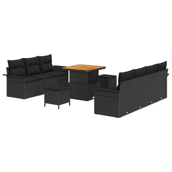 Ensemble de 10 pièces de canapé de jardin avec coussins noirs en poly rattan acacia