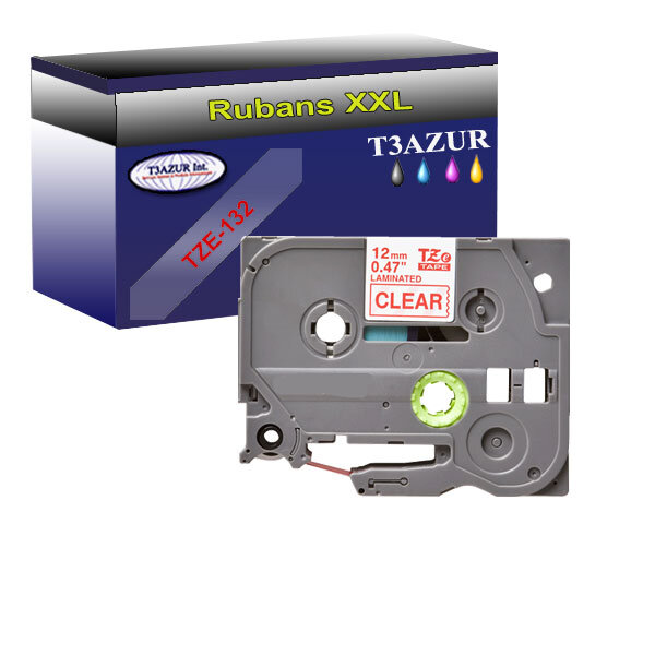 Ruban pour étiquettes laminées générique Brother Tze-13 pour étiqueteuses P-touch - Texte rouge sur fond transparent - Largeur 12 mm x 8 mètres