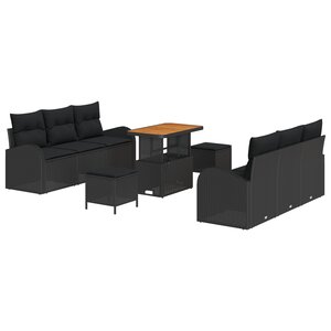 Ensemble de Canapé de Jardin 9 Pièces avec Coussins Noir Poly Rattan Acacia