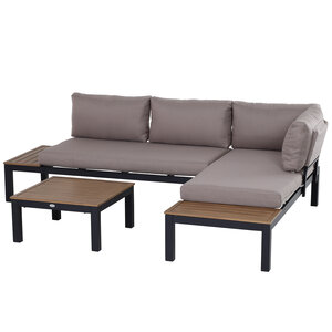 Ensemble salon de jardin d'angle design contemporain 5 places coussins marron table basse alu. noir et imitation bois