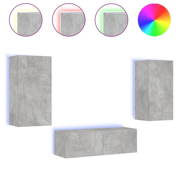 vidaXL Meuble TV muraux 3 Pièces avec lumières LED gris béton