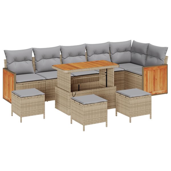 Canapé de Jardin de 10 Pièces avec Coussins Beige Poly Rattan Acacia