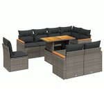 vidaXL Salon de jardin 9 Pièces avec coussins gris résine tressée