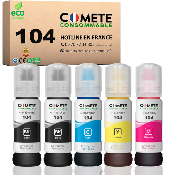 COMETE, Entreprise Française- 104- pack 5 Recharges Ecotank Compatibles EPSON