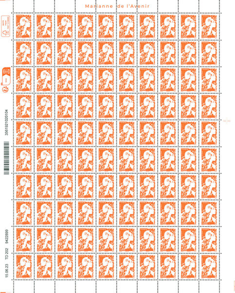 Feuille 100 timbres Marianne de l'avenir  - Complément affranchissement 1€ - Orange