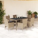vidaXL Ensemble à manger de jardin et coussins 7 Pièces beige rotin verre