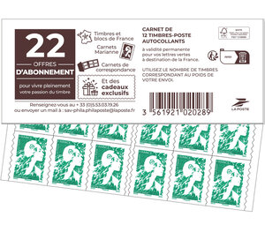 Carnet 12 timbres Marianne de l'avenir - Lettre Verte - Couverture Offres d'abonnement