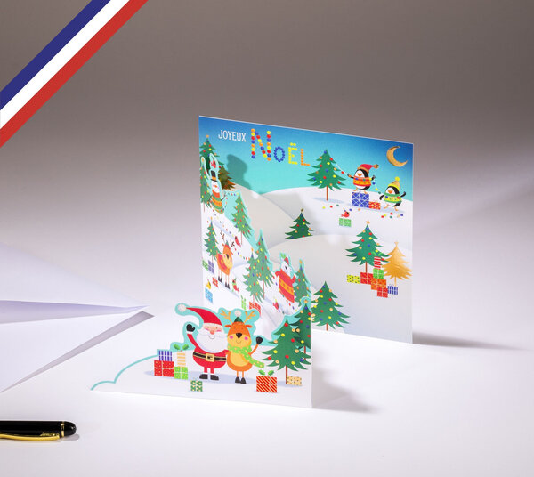 Carte tri-volet fin d'année théâtre d'hiver créée et imprimée en france- joyeux noël- le père noël