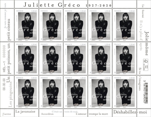 Feuille 15 timbres - Juliette Gréco (1927-2020) - Lettre verte