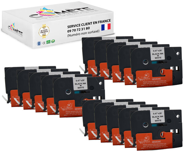 15 ruban etiqueteuse compatible tze131 tze-131 pour brother p touch - 12mm x 8m noir sur transparent