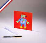 Carte simple le petit monde de kali créée et imprimée en france sur papier certifié pefc - robot drôle et vintage