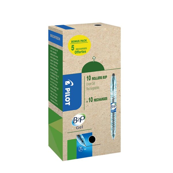 Eco Pack B2P Begreen, stylo bille rétractable, pointe moyenne 0,7 mm, corps noir transparent avec zone de préhension, encre noire, 10 stylos + 10 recharges dont 5 offertes (boîte 20 unités)