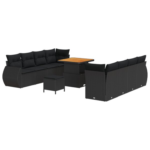 Ensemble de canapé de jardin 11 pièces avec coussins en poly rotin noir d'acacia