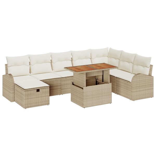 Set de Sofa de Jardin 9 Pièces avec Coussins Beige Poly Rattan