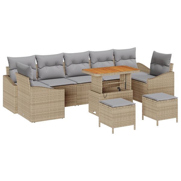 Ensemble de Canapé de Jardin 10 Pièces avec Coussins Beige Poly Rattan Acacia