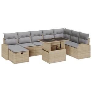 vidaXL Ensemble de Canapé de Jardin 9 Pièces avec Coussins Beige Rattan Poly
