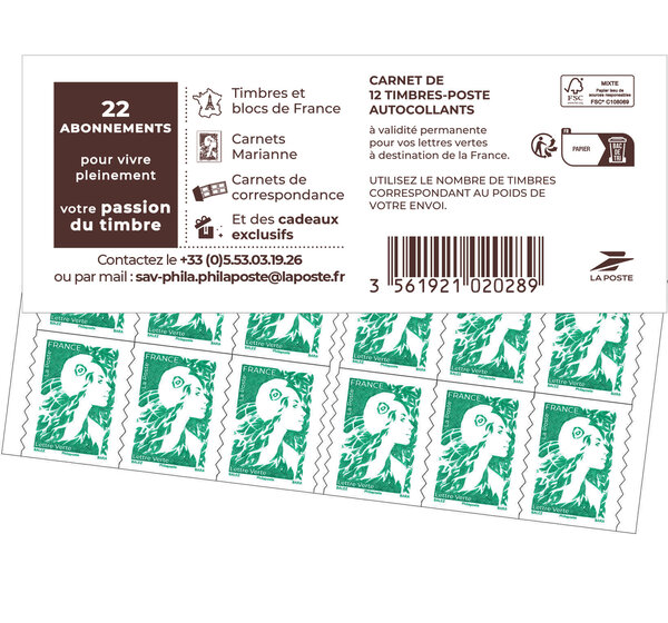 Carnet 12 timbres Marianne de l'avenir - Lettre Verte - Couverture Abonnement 2024