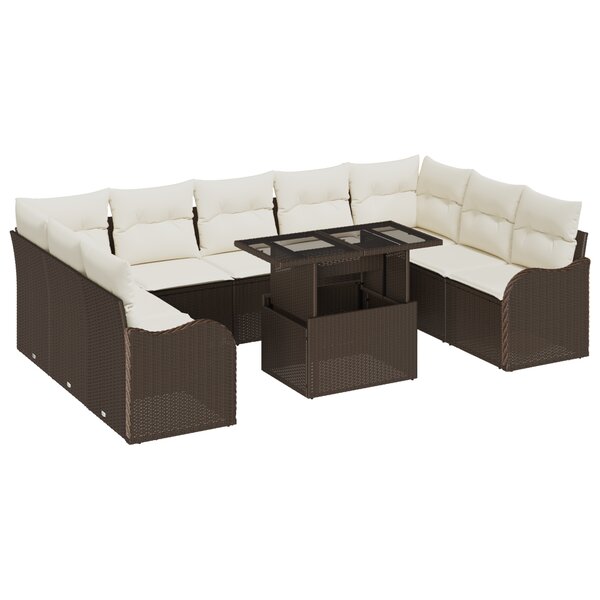 Canapé de jardin de 10 pièces avec coussins marron poly rattan