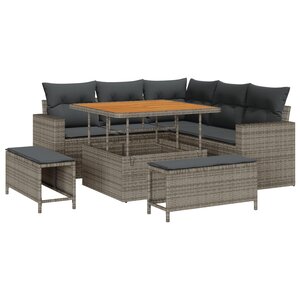 Ensemble de canapé de jardin 8 pièces avec coussins gris poly rattan