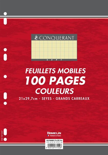 Feuillets mobiles 21x29,7 cm 100 pages grands carreaux jaunes 80g CONQUÉRANT