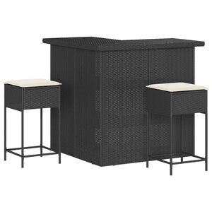 vidaXL Ensemble de bar de jardin 3 Pièces avec coussins noir poly rotin