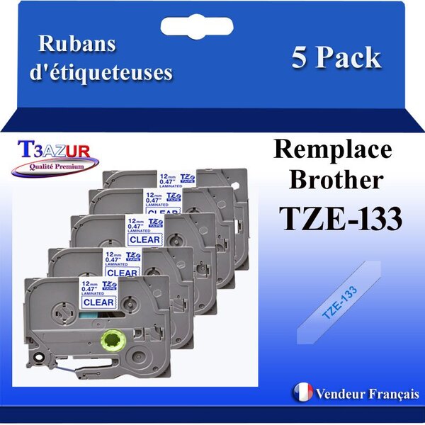 5x Rubans d'étiqueteuses compatibles avec Brother Tze133  Tze-133 pour étiqueteuses P-touch - Texte bleu sur fond transparent - Largeur 12 mm x 8 mètres