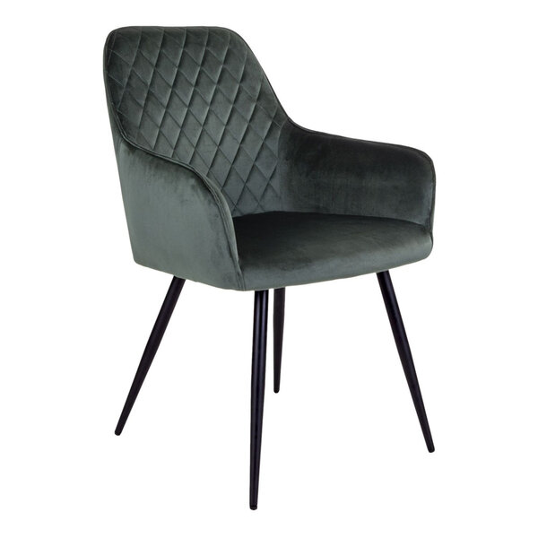 Chaise de salle à manger à accoudoirs en velours vert avec pieds noirs