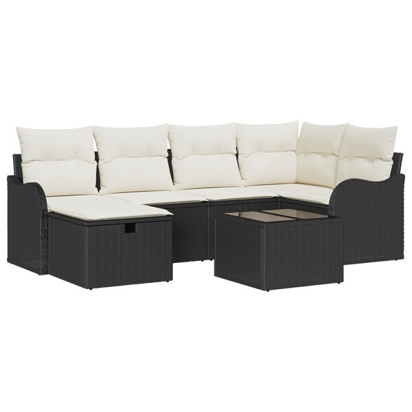 Ensemble de Canapé de Jardin de 7 Pièces avec Coussins Noir Rattan Poly