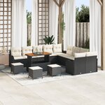 Set de Canapé de Jardin 14 pièces avec Coussins Noir Poly Rotin Acacia