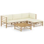 Salon de jardin meuble d'extérieur ensemble de mobilier 5 pièces avec coussins blanc crème bambou 02_0016305