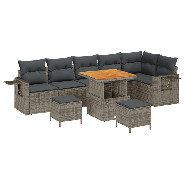 Ensemble de canapé de jardin 9 pièces avec coussins gris en polyrotin acacia