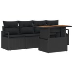 Canapé de jardin 5 pièces avec coussins en poly rotin noir et acacia