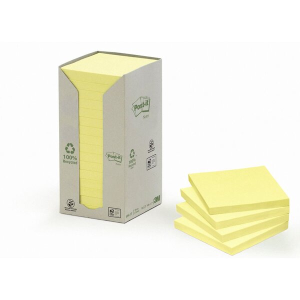 Tour de Notes adhésives, 100 feuilles, papier recyclé, jaune, 76 x 76 mm (paquet 16 blocs)