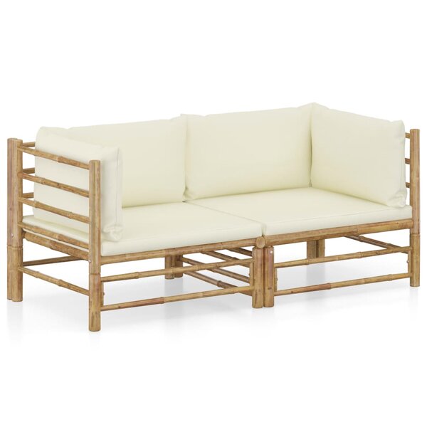 Salon de jardin meuble d'extérieur ensemble de mobilier 2 pièces avec coussins blanc crème bambou 02_0015881