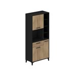 Buffet haut de cuisine - 3 portes et 1 tiroir - Mélamine chêne et noir - 80 x 40 x 178 cm