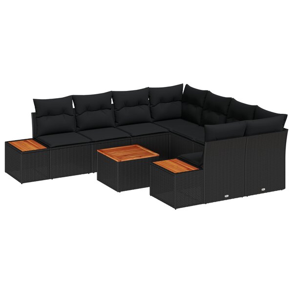 Ensemble de Canapés de Jardin 9 Pièces avec Coussins Noir Poly Rattan Acacia